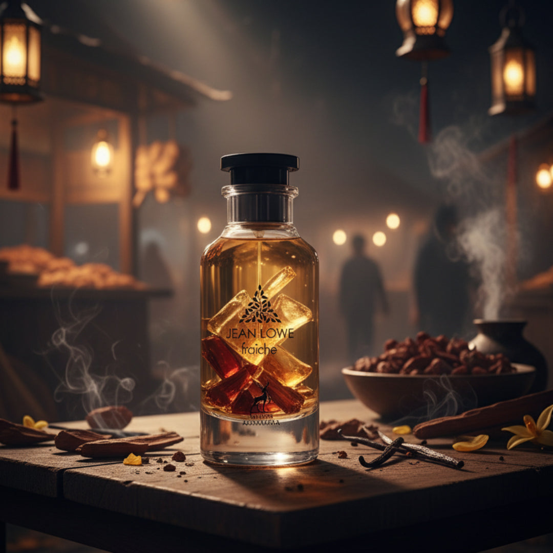 Perfume bottle with yellow liquid labeled 'Jean Lowe' on a dark background with flowers and spices.