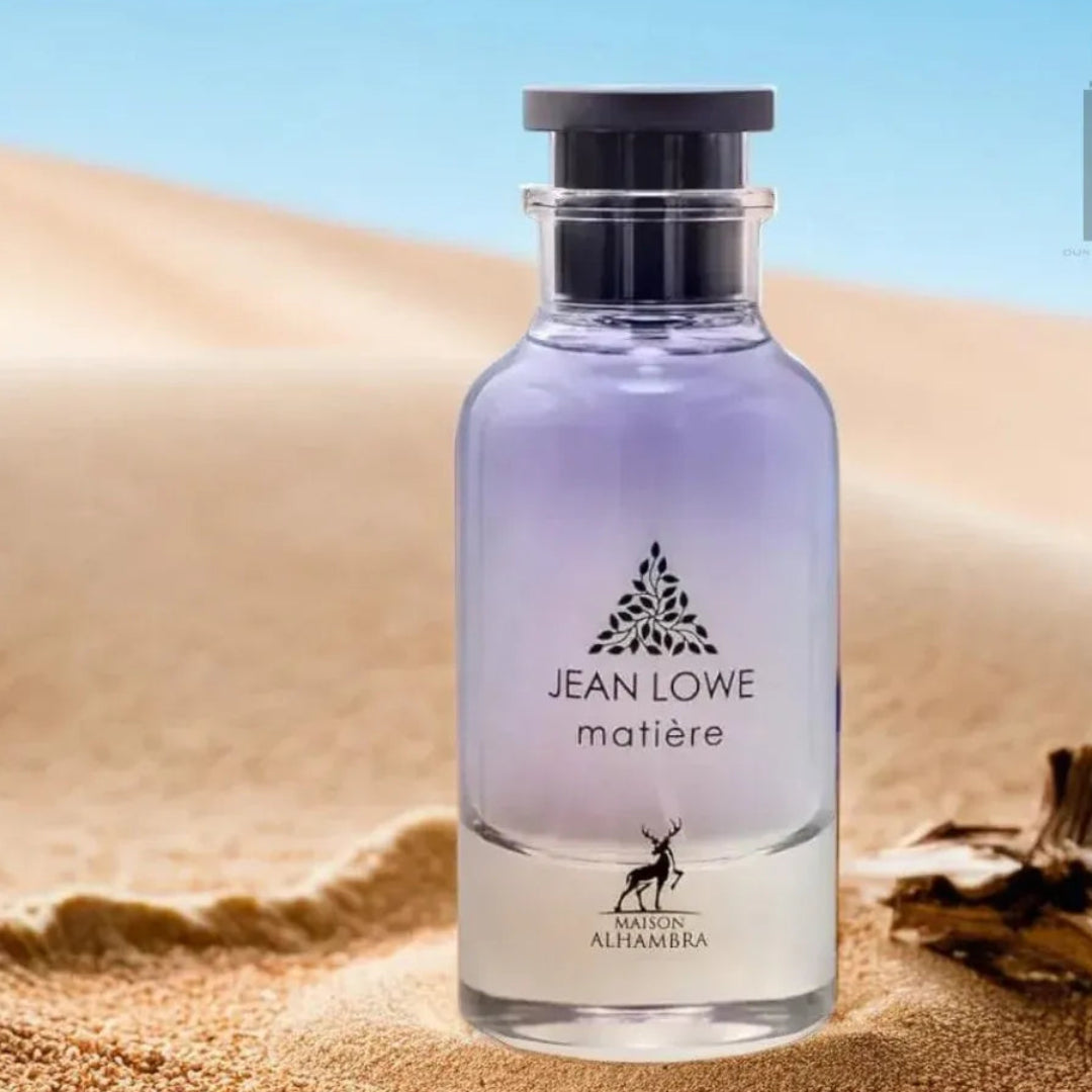 Jean Lowe matière perfume bottle on sand with desert background