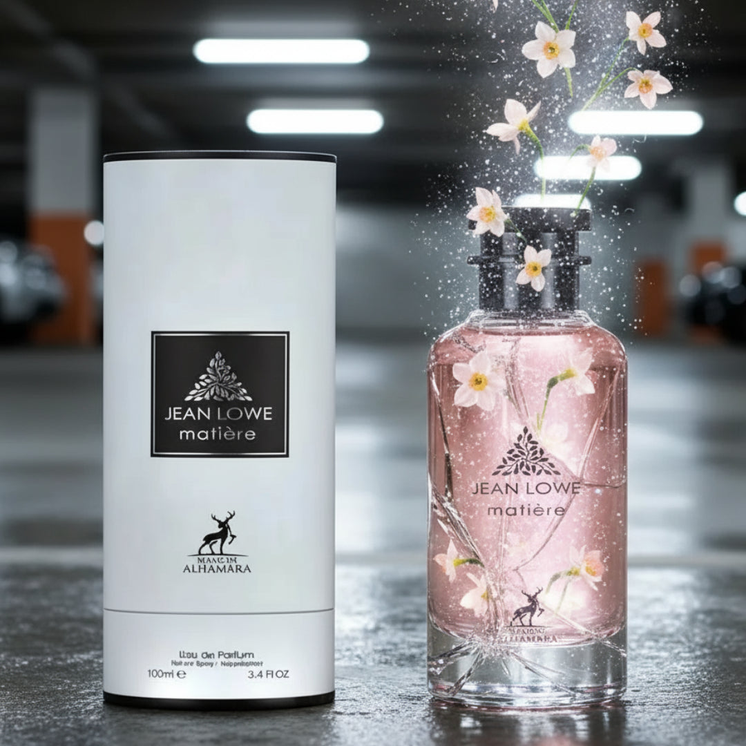 Jean Lowe matière perfume bottle and packaging on a purple background with lightning effect