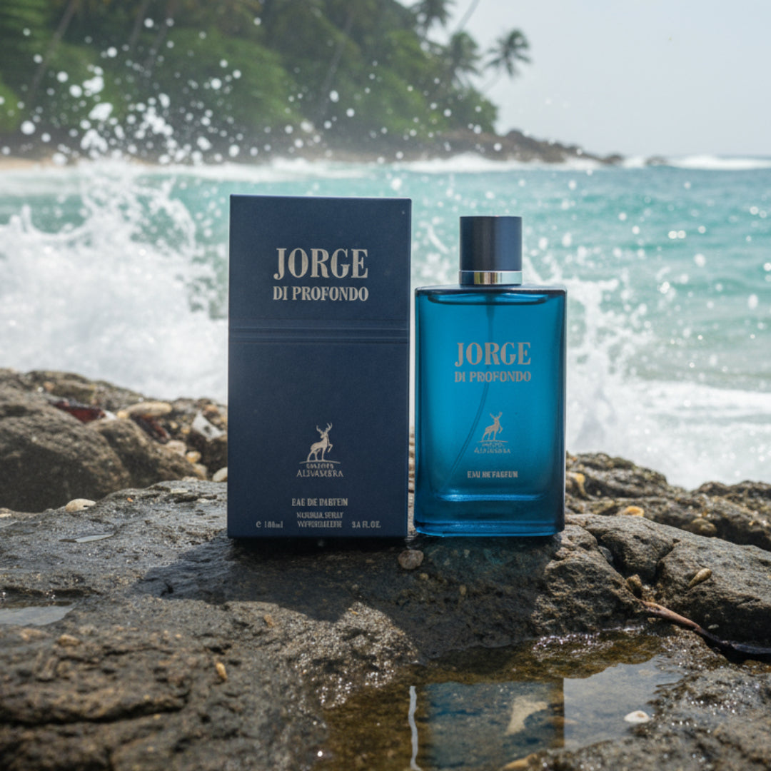 Jorge Di Profumo Deep Blue perfume lelaki atas batu pantai Malaysia, suasana angin laut segar