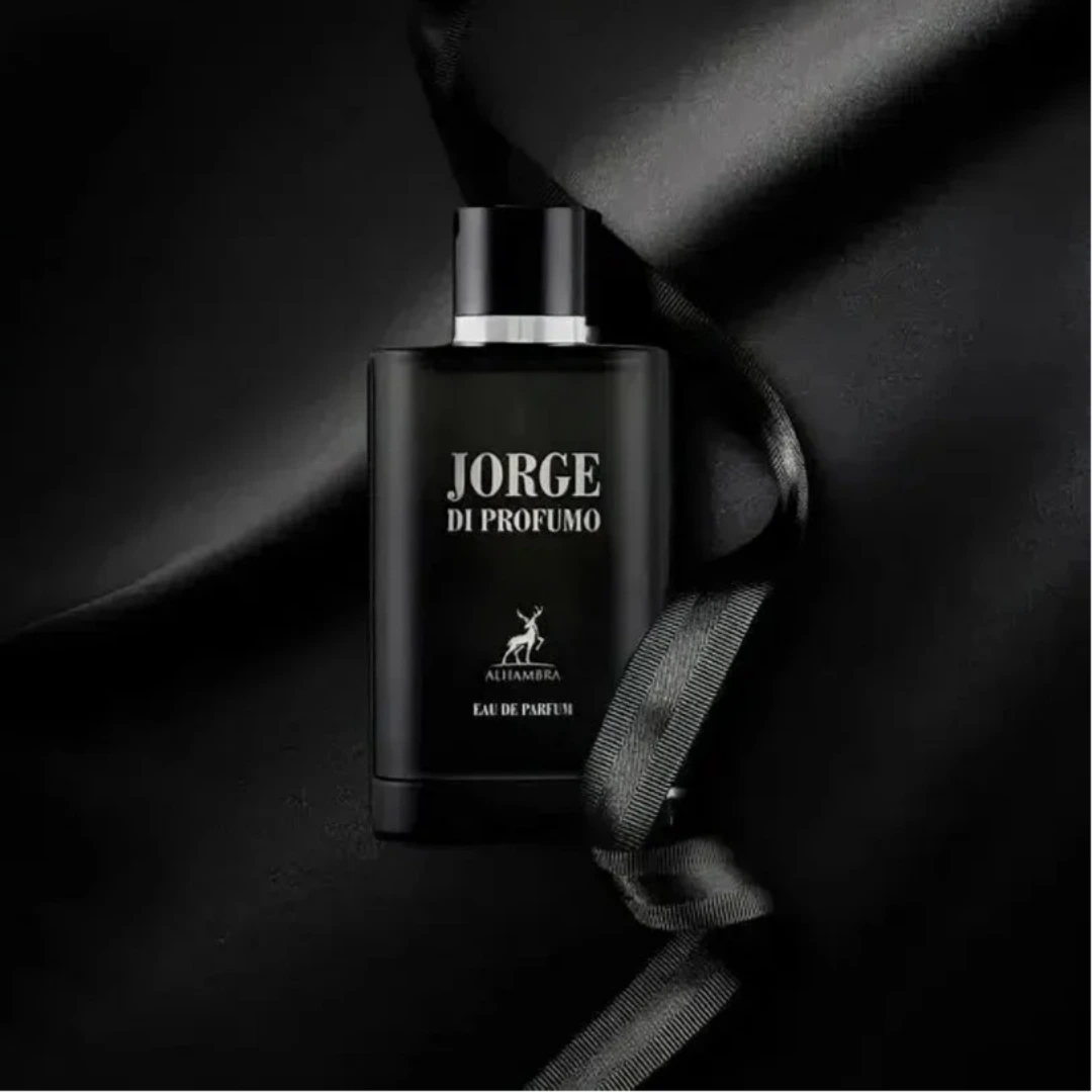 Black perfume bottle labeled 'Jorge di Profumo' on a dark background