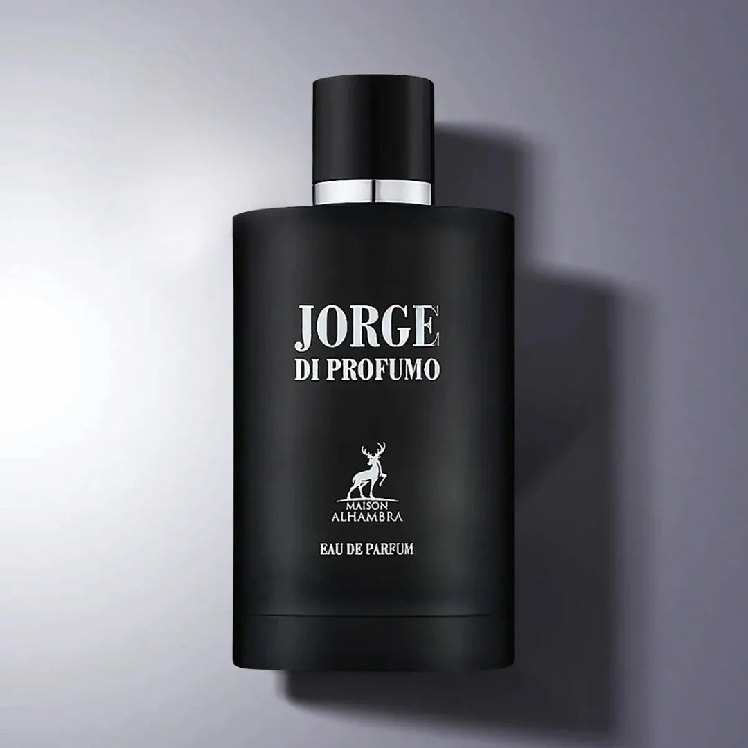 Black perfume bottle labeled 'Jorge di Profumo' on a gray background