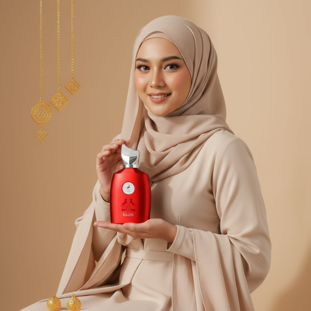 Hijabi Malaysia memegang Kalos Perfume Woman &ndash; gaya sopan feminin