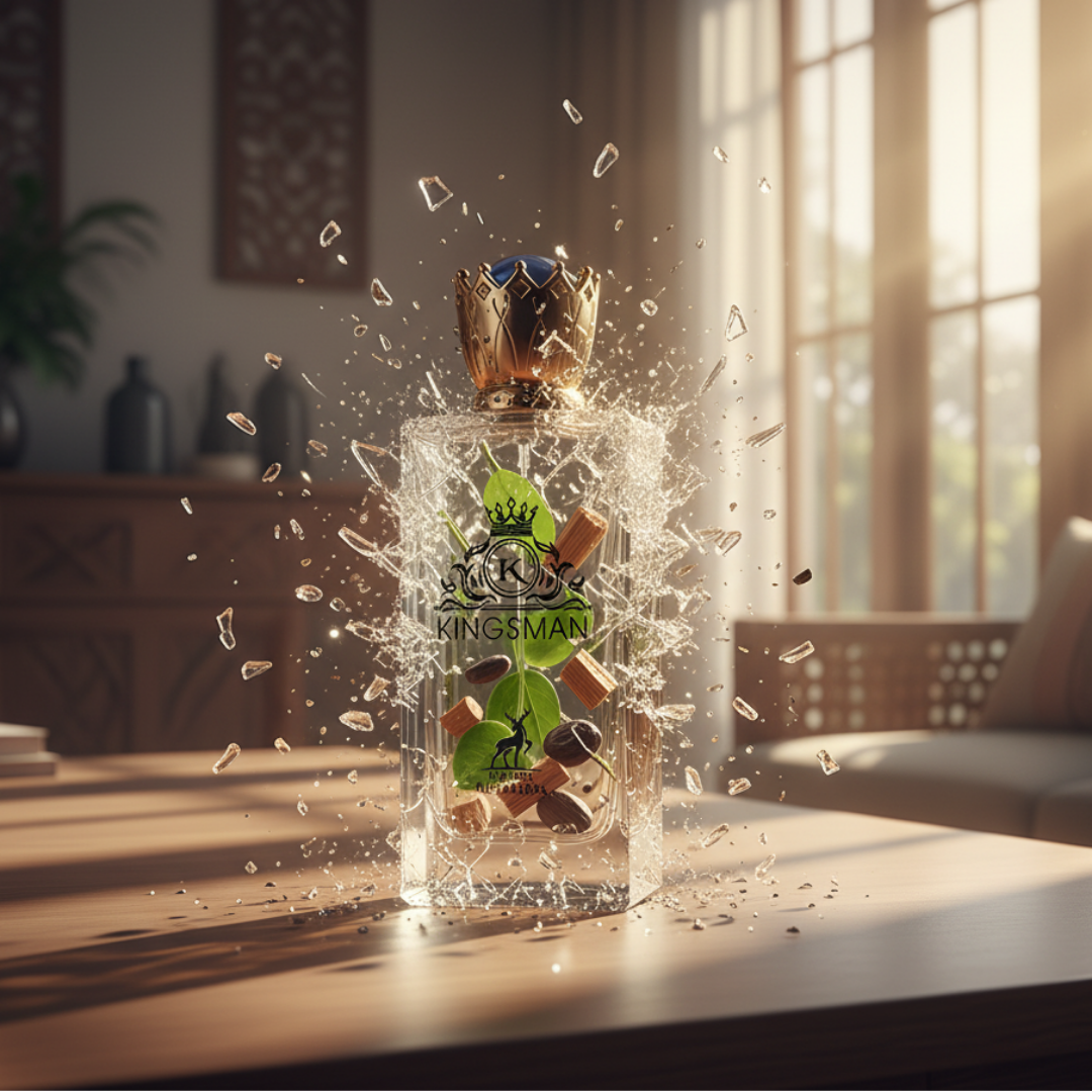 Kingsman bottle with decorative elements on a table in a bright room