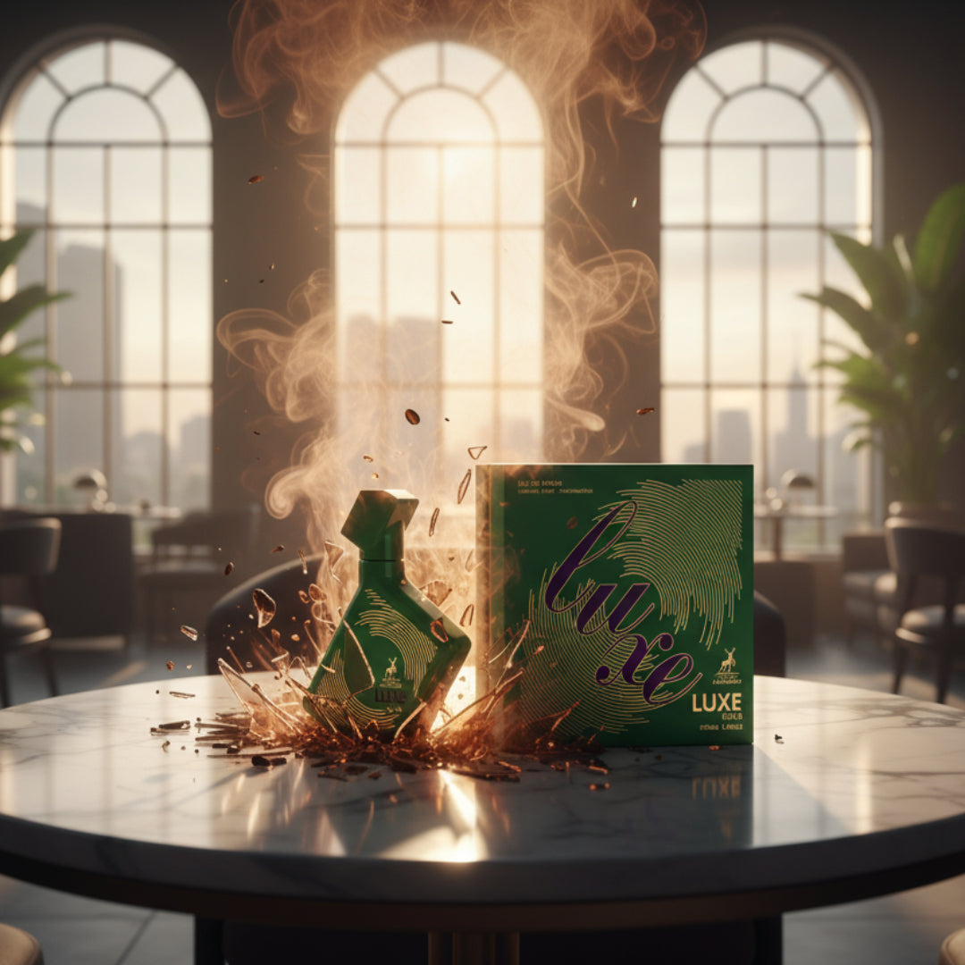 Perfume bottle broken, coffee‑oud vapor emerging; modern café in KL Malaysia &mdash; clear bottle and box, cinematic lighting.