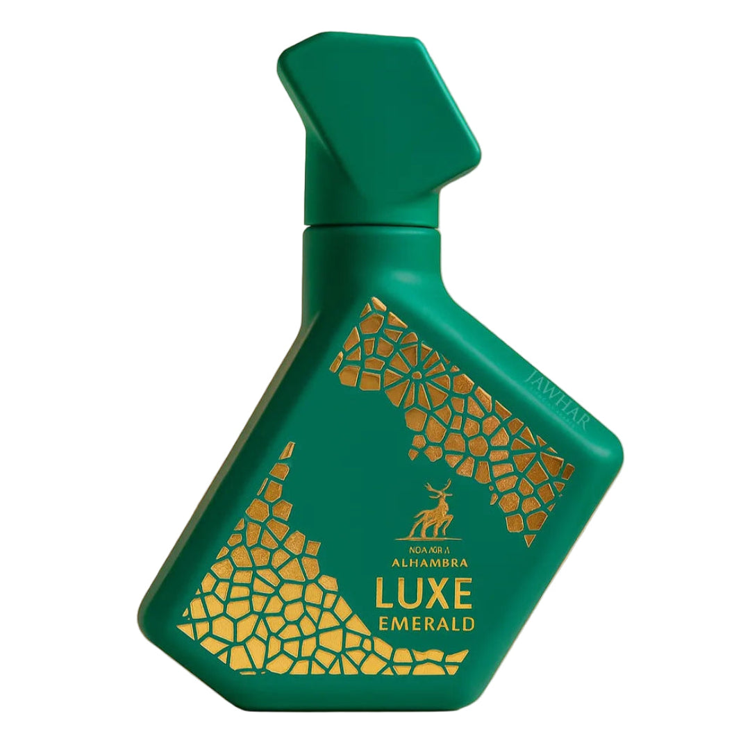 Green bottle with gold geometric patterns and 'Alhambra' branding on a white background