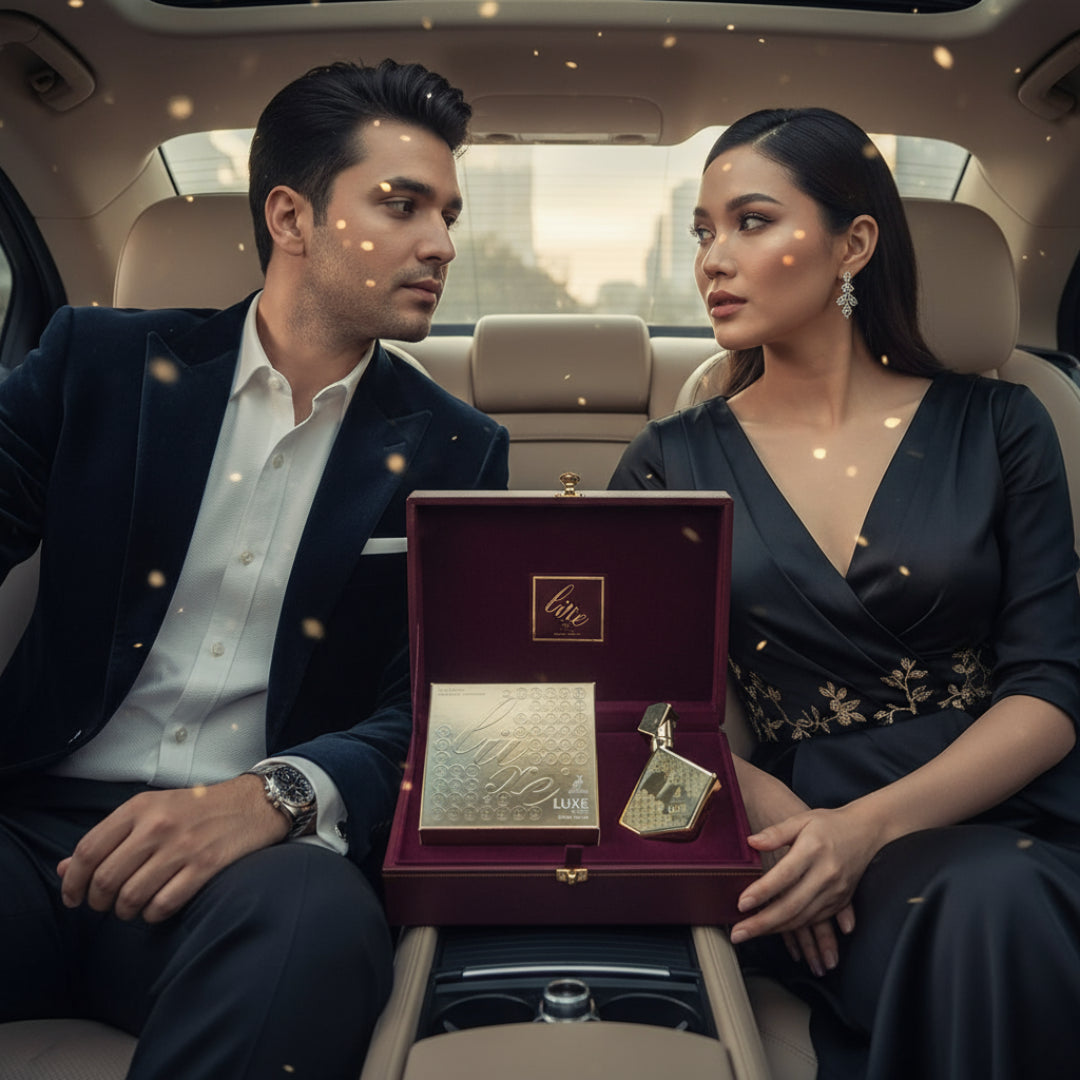Man and woman sitting in a car with a jewelry box containing a necklace and card.