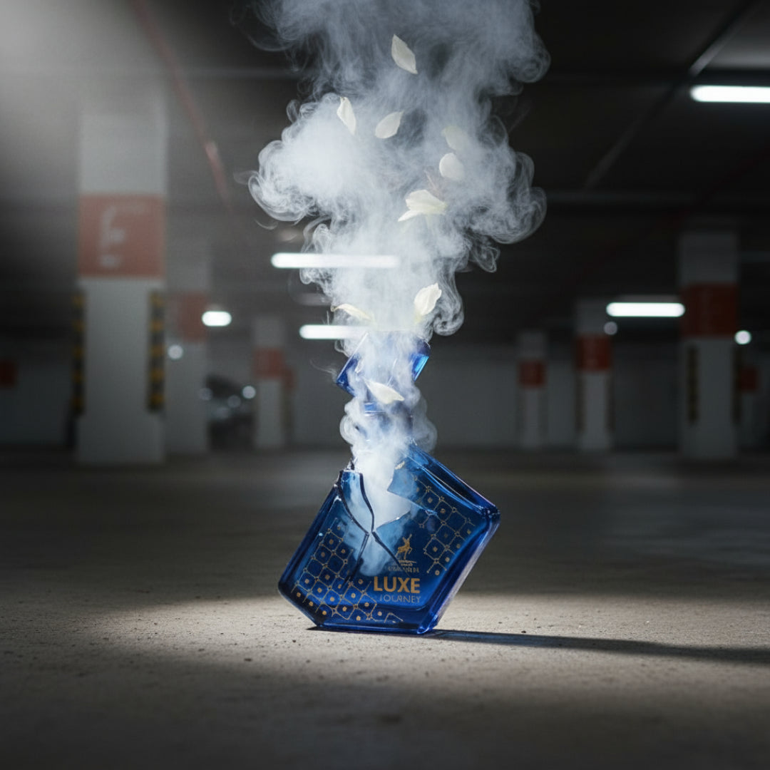 Blue smoke device labeled 'LUXE' emitting smoke in a dark indoor setting