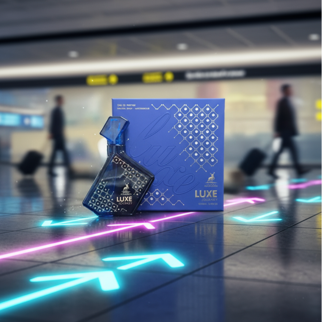 Blue LUXE product packaging with a blurred airport background