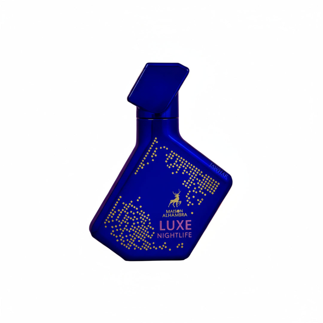 Blue perfume bottle with 'Luxe Nightlife' text on a white background