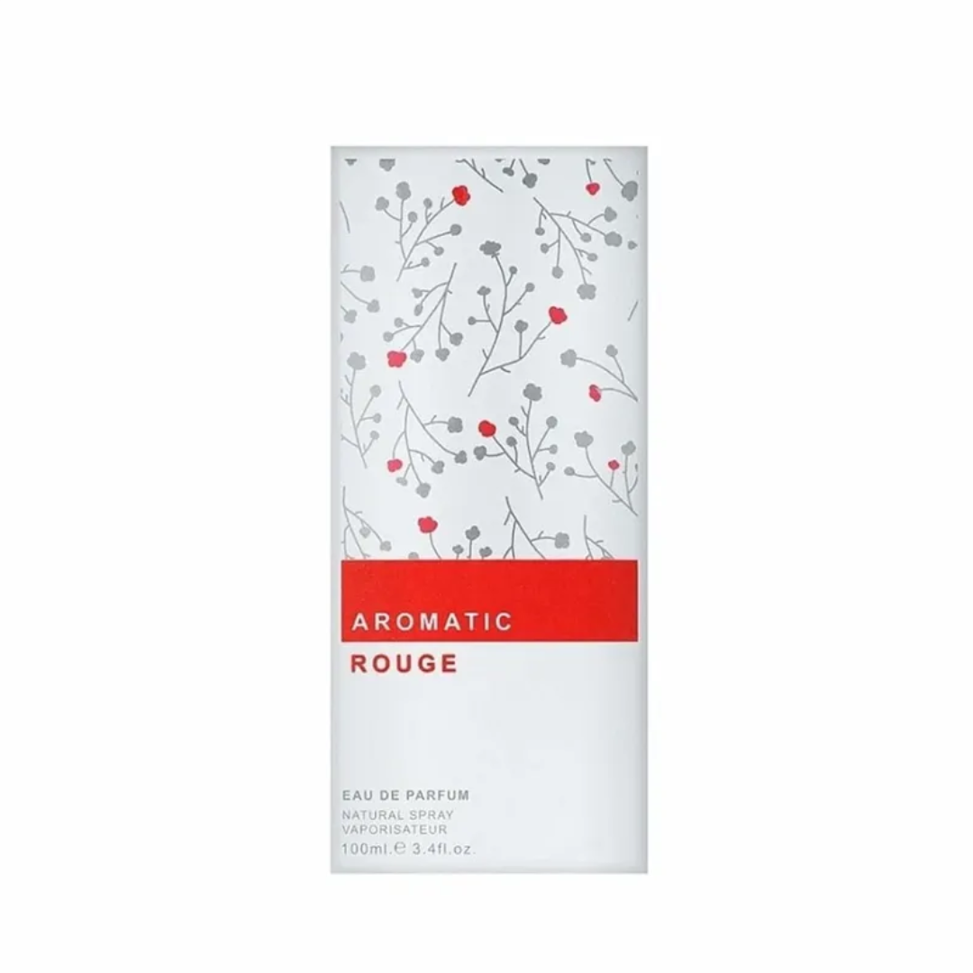 Perfume packaging with floral design and 'Aromatic Rouge' text on a white background