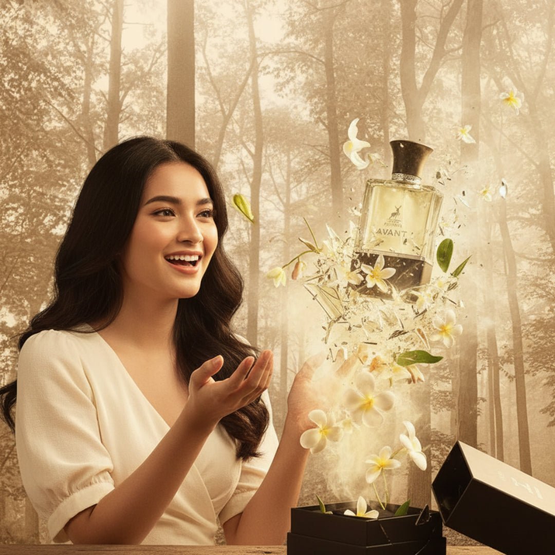 Woman holding a perfume bottle with flowers in a forest setting