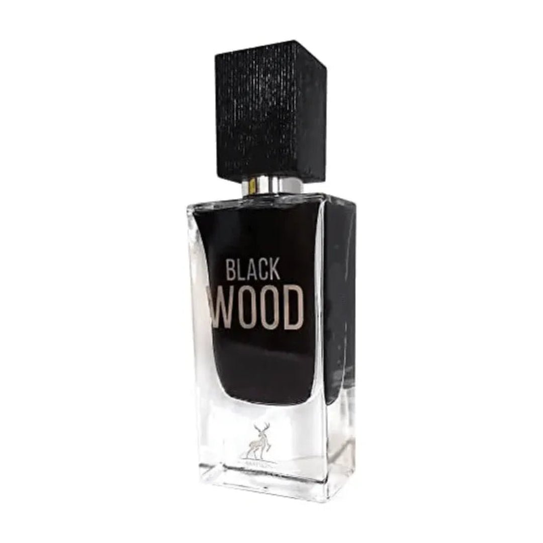 Perfume bottle labeled 'Black Wood' on a white background