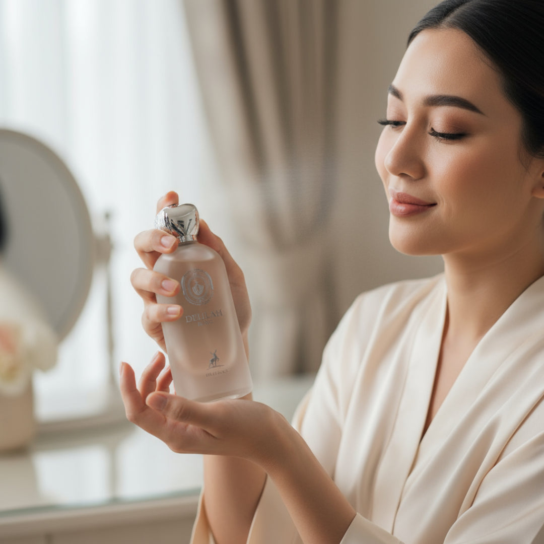 White perfume bottle with silver cap on a white background