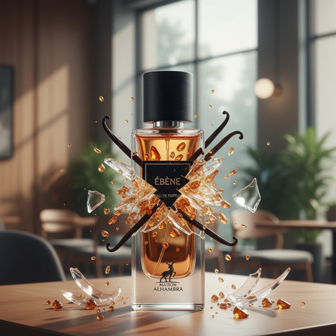 Perfume bottle labeled 'Eébène' by Alhambra on a white background