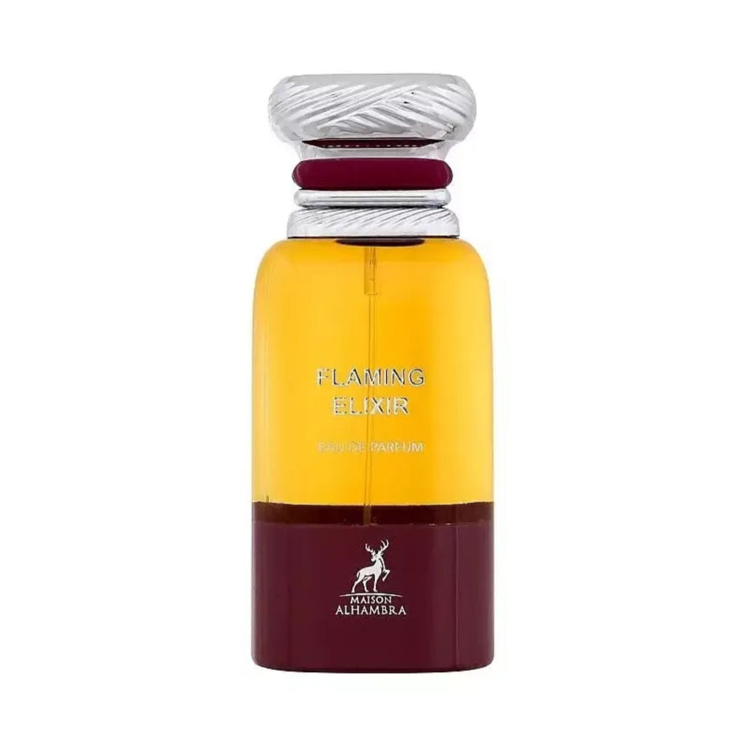 Perfume bottle with yellow and red design on a white background