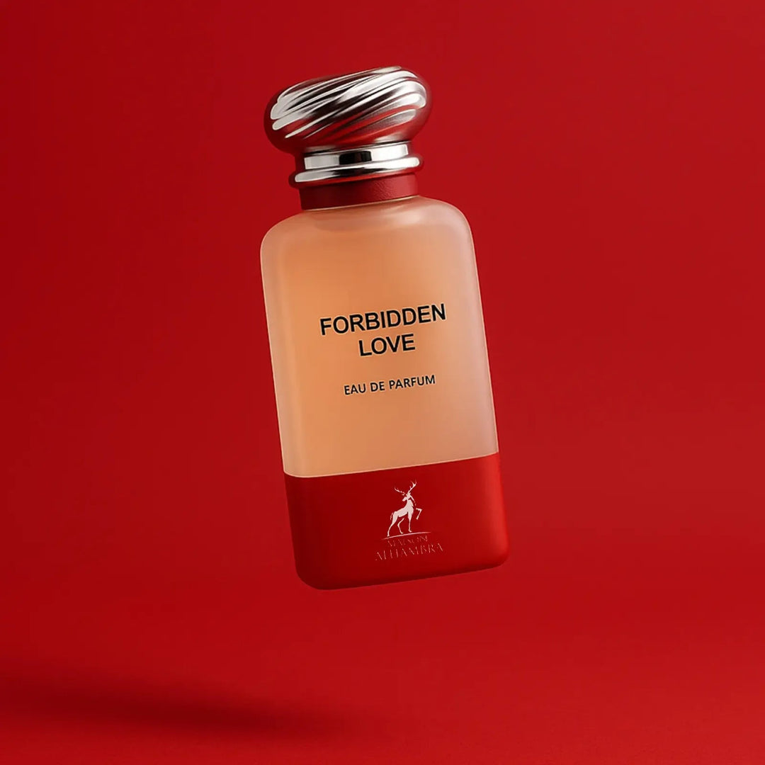Perfume bottle labeled 'Forbidden Love' on a red background