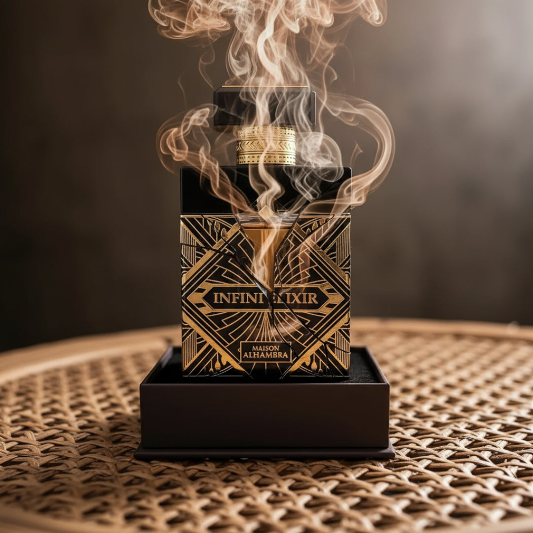 Perfume bottle labeled 'Infinite Elixir' with smoke rising from it on a textured surface.