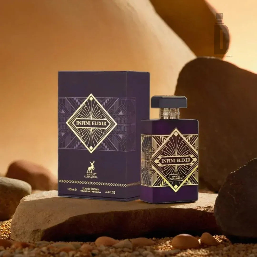 Infini Elixir perfume bottle and packaging on a natural stone surface with a warm glow.
