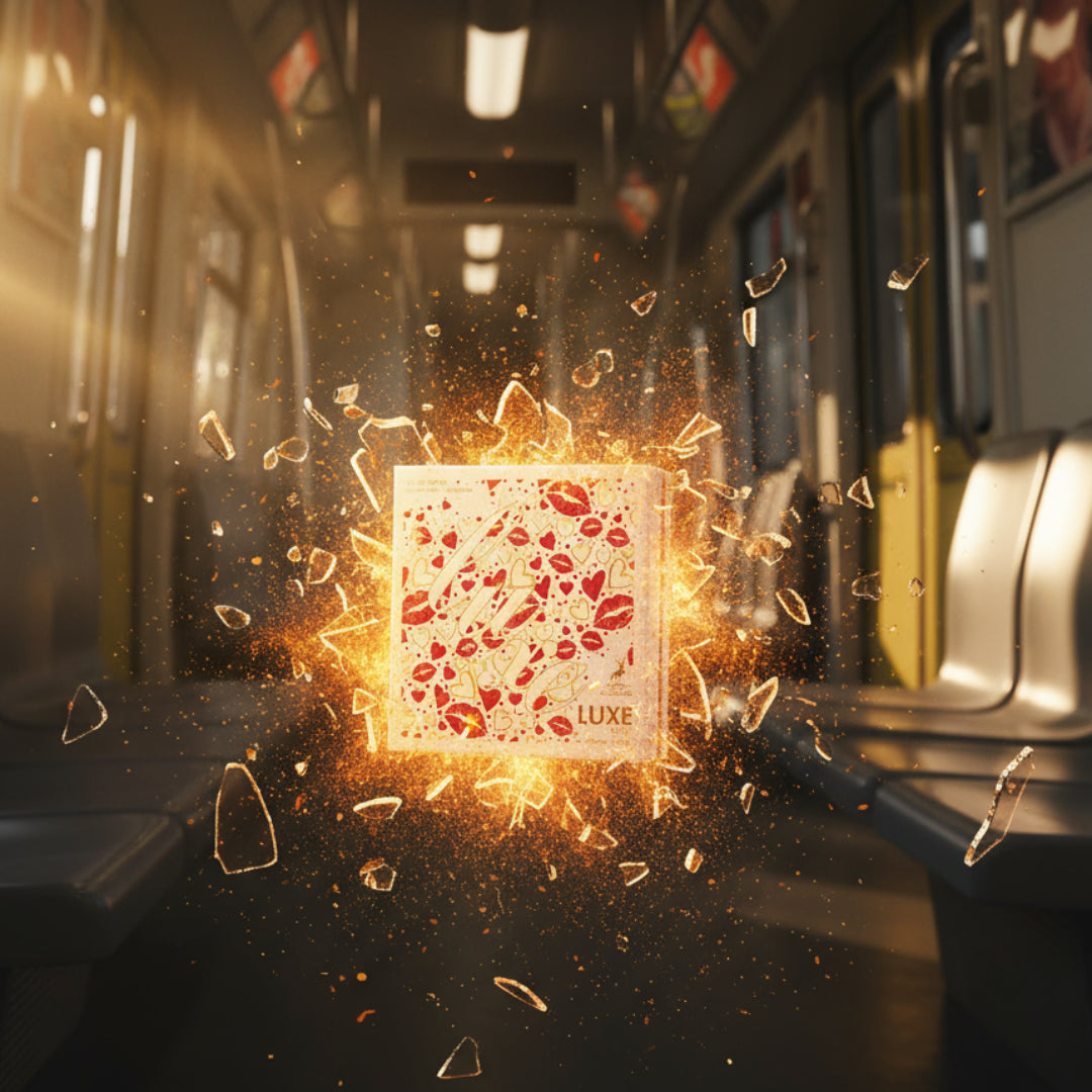 Lipstick case with red lipstick prints on a train seat