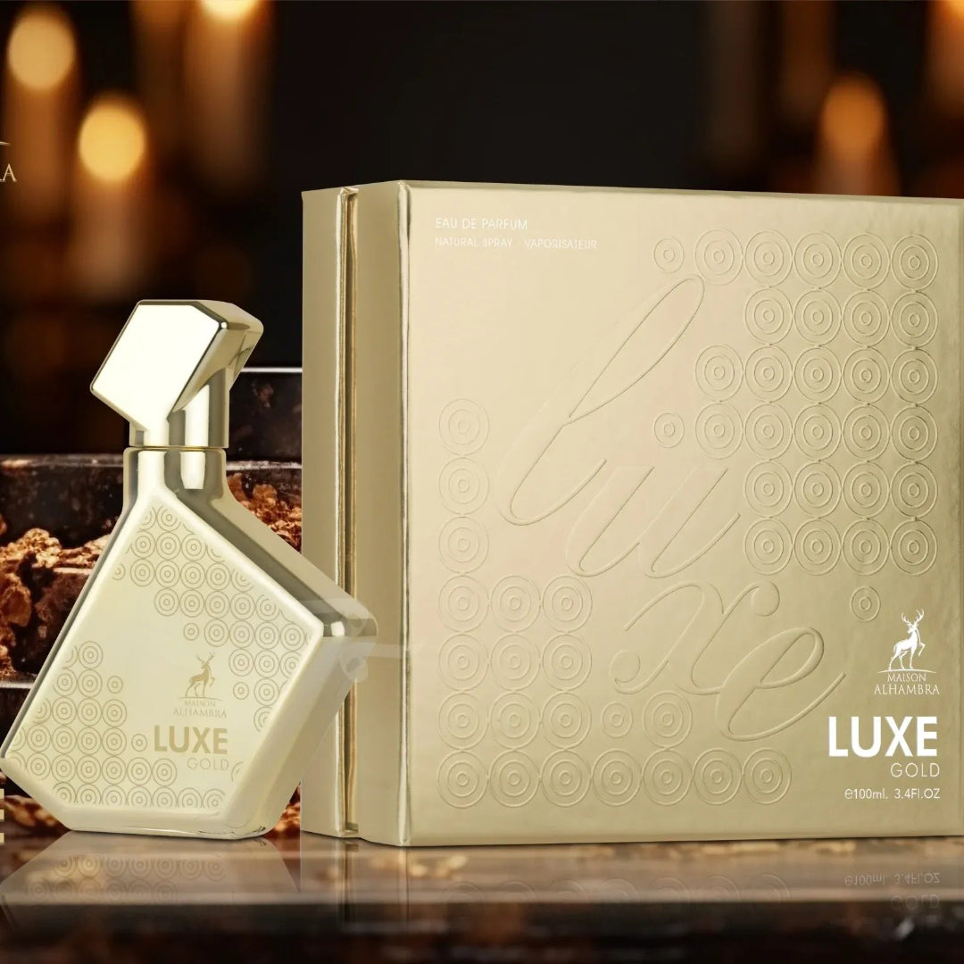 Luxe Gold perfume bottle and packaging on a dark background