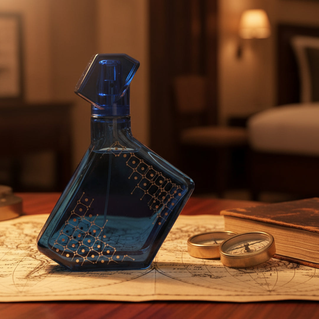 Blue decorative bottle on an open book with a compass in a warm-toned room.