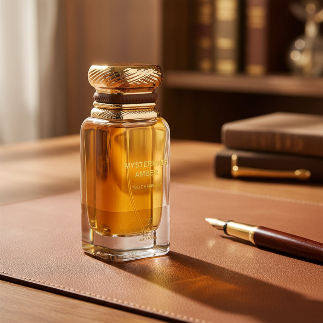 Perfume bottle labeled 'Mysterious Amber' with gold cap on a white background
