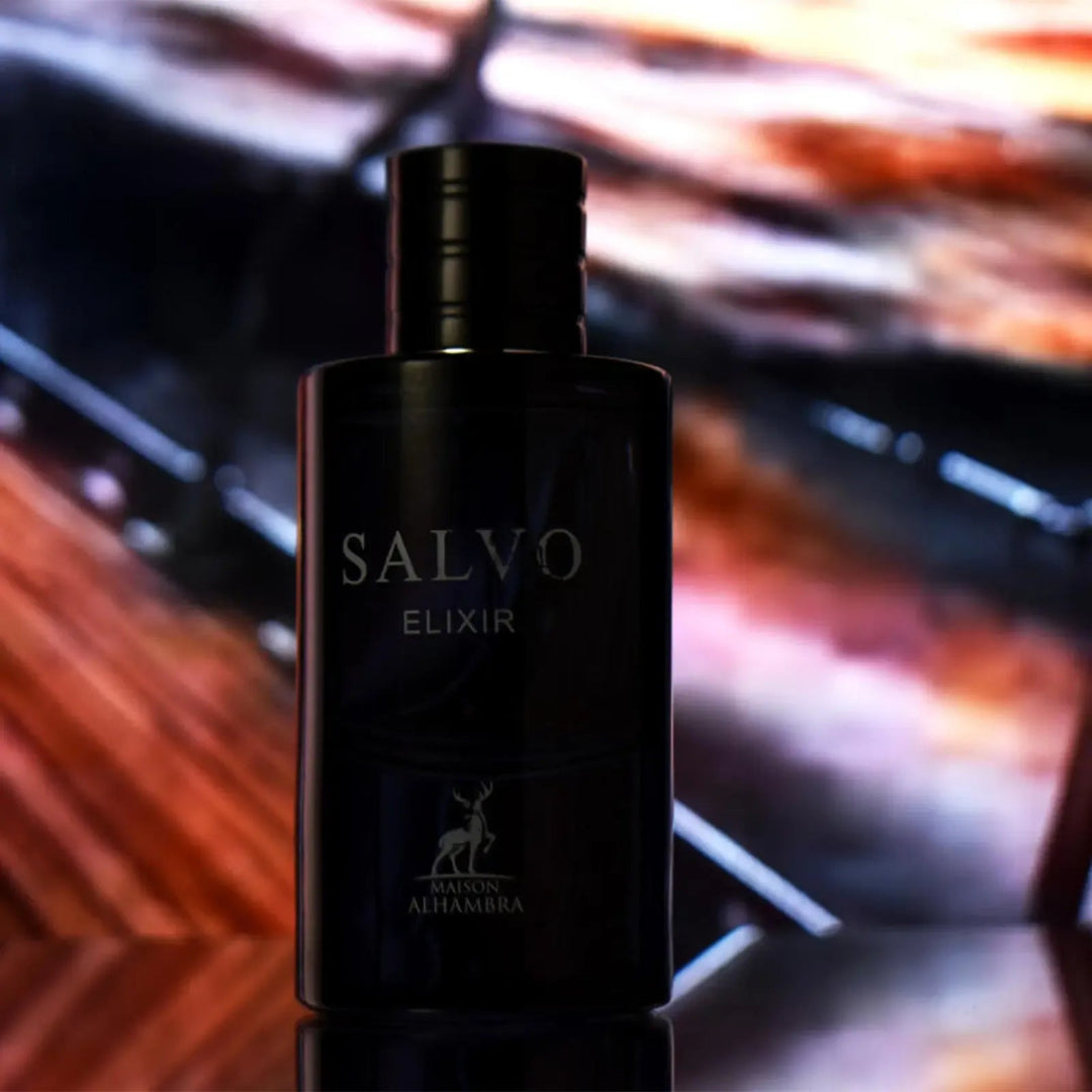 Black bottle of Salvo Elixir with a blurred background