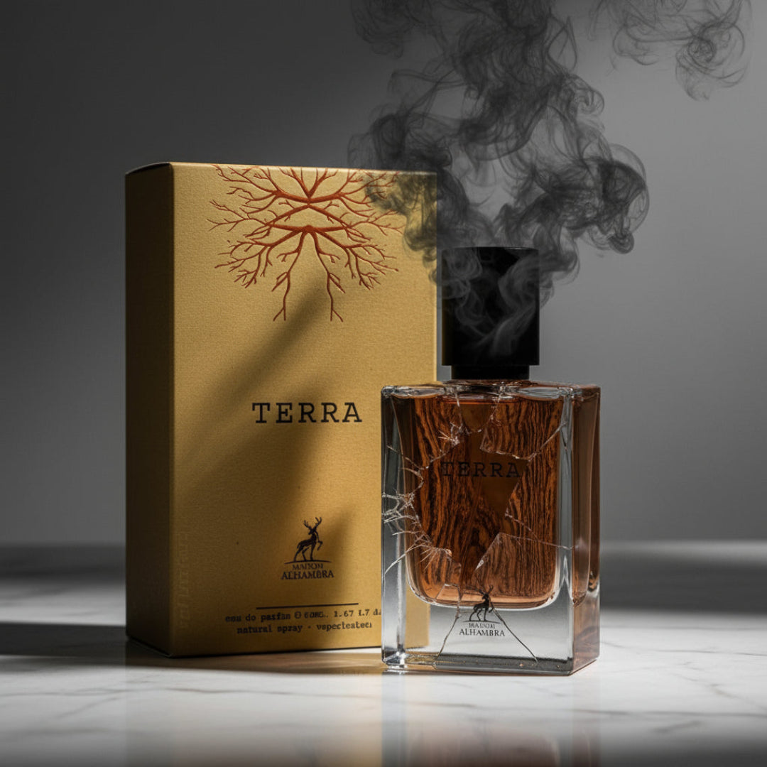 Terra Perfume Perfume bottle broken, wood fog emerging; studio on white marble Malaysia &mdash; clear bottle and box, cinematic lighting