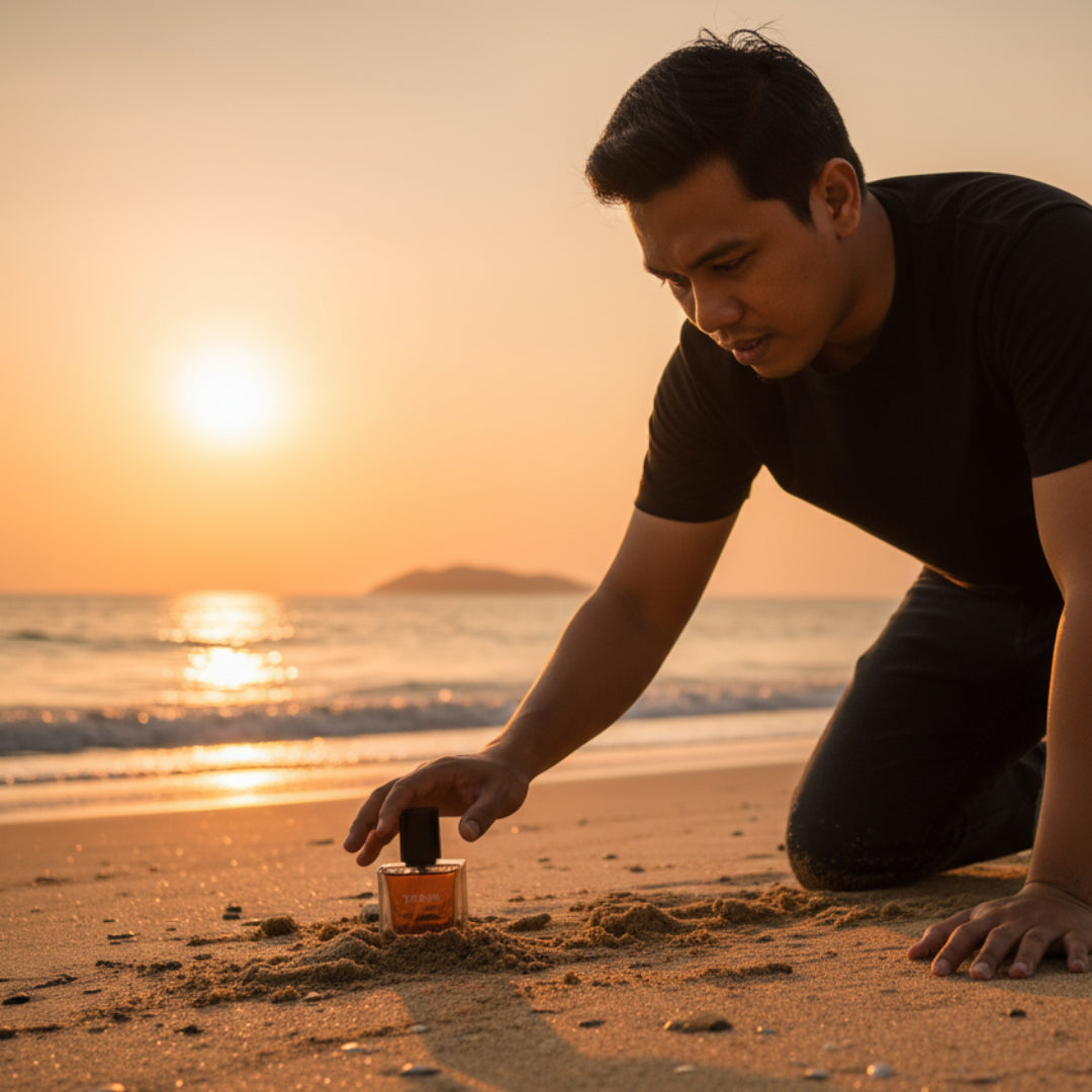 Man placing a perfume bottle in the sand on a beach at sunset
