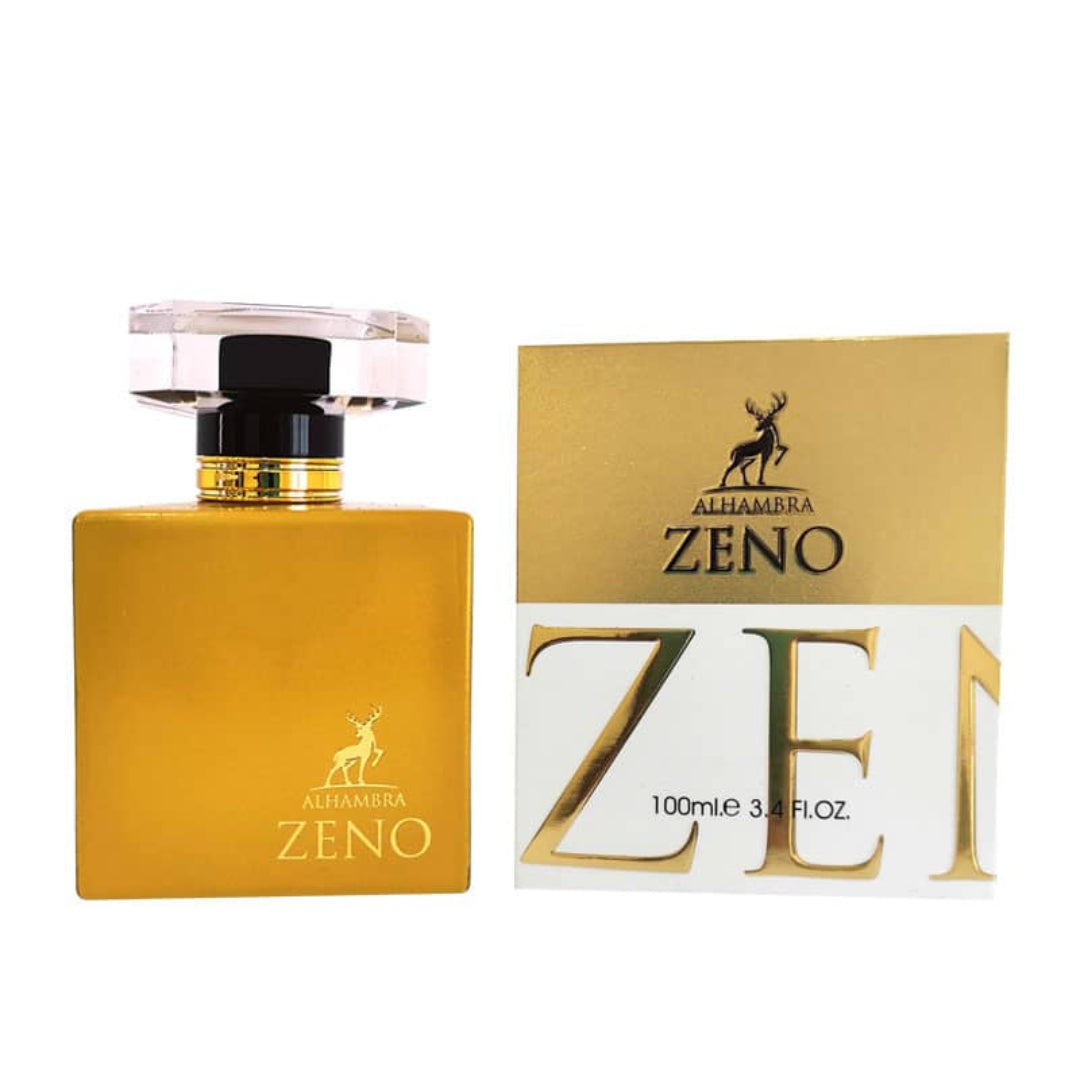 Maison Alhambra Zeno perfume and packaging on a white background