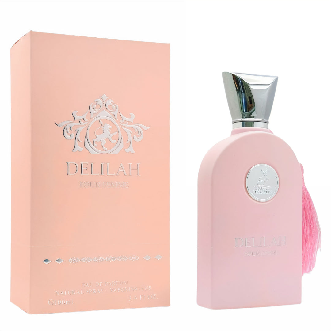Pink Delilah perfume bottle and packaging on a white background