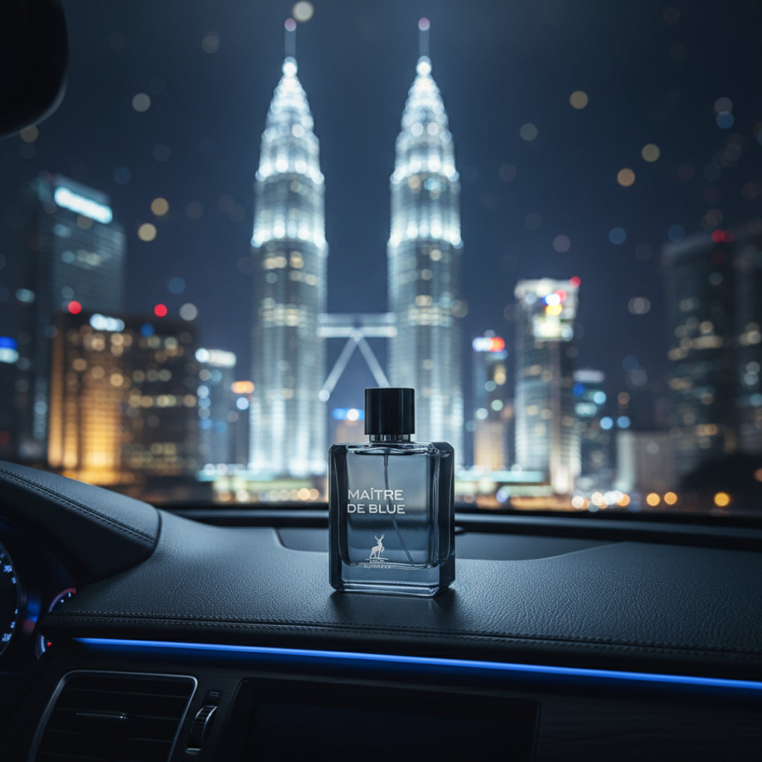 Maitre De Blue perfume lelaki dalam kereta malam KLCC citylight Malaysia