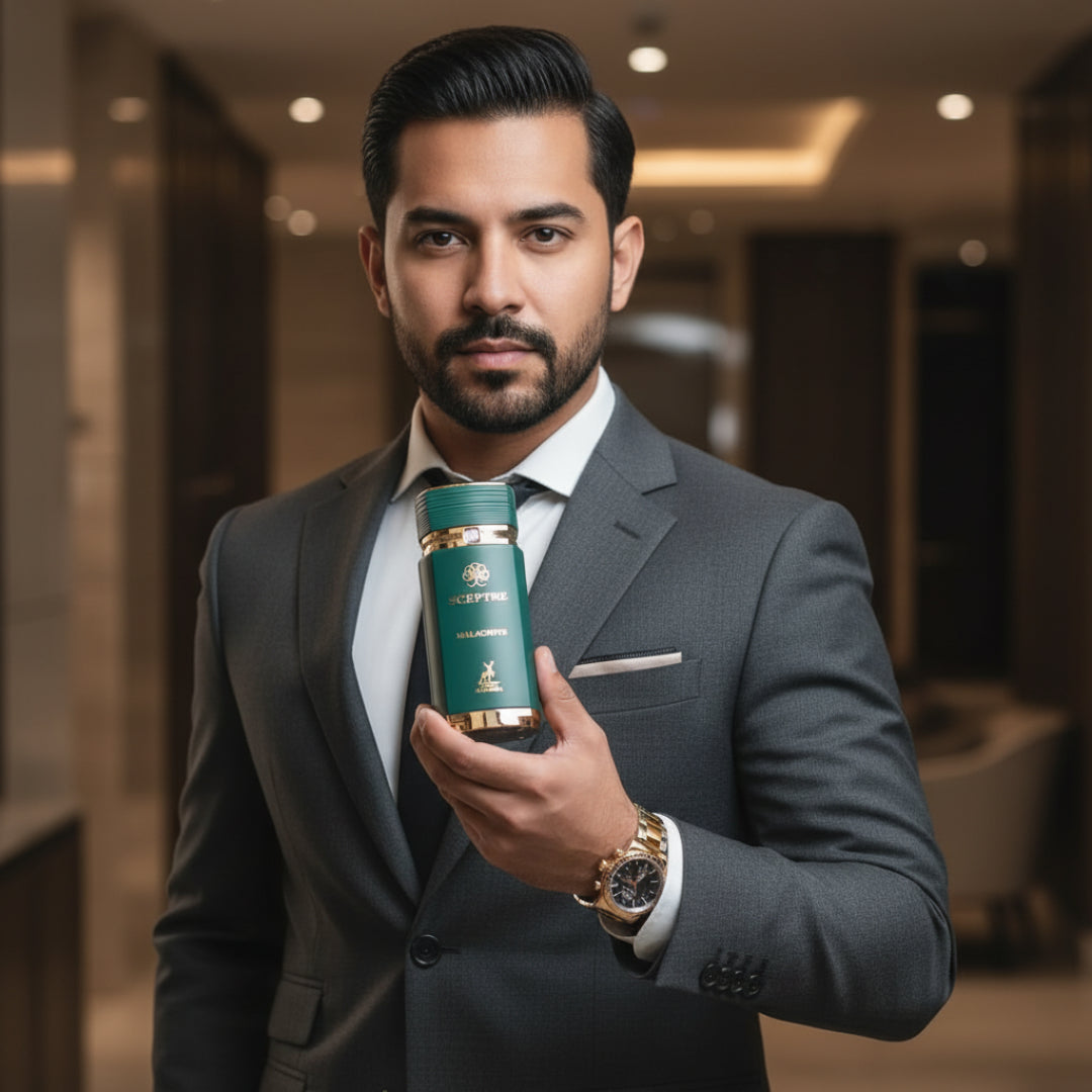 Lelaki Malaysia memegang Sceptre Malachite, gaya maskulin elegan