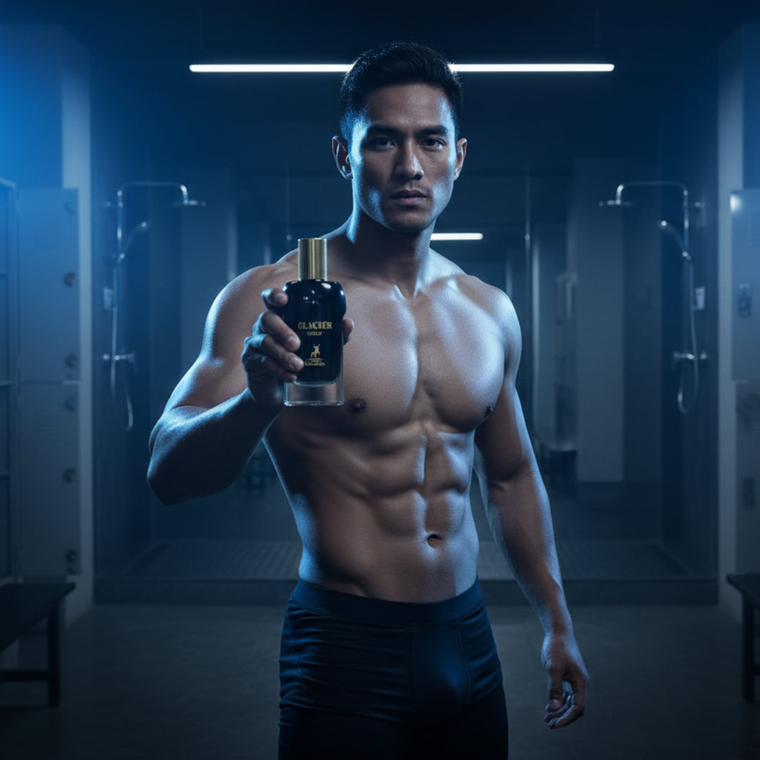 Malay man in gym locker room holding Glacier Bold, cool blue spotlight, athletic masculine strength aesthetic