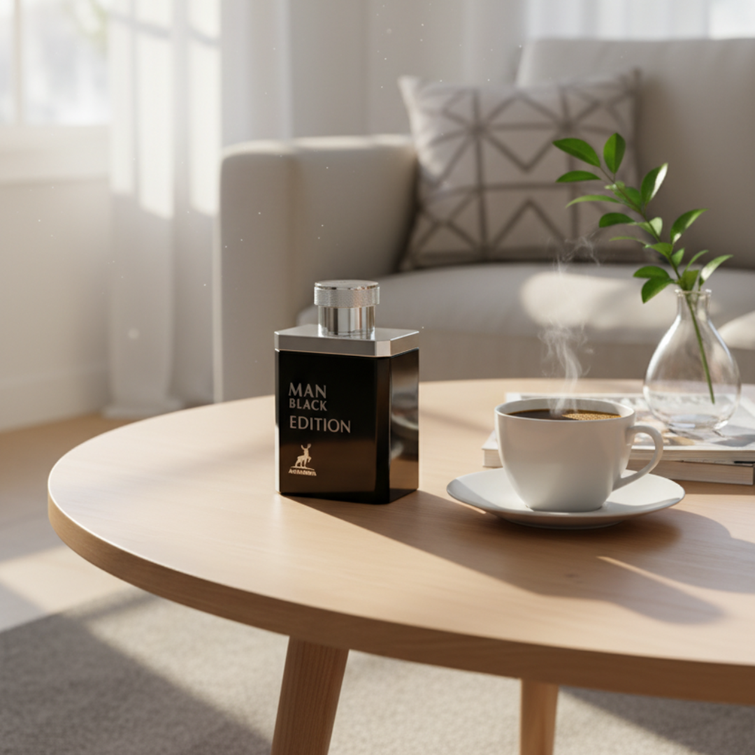 Man Black Edition atas meja kopi pagi, suasana segar maskulin