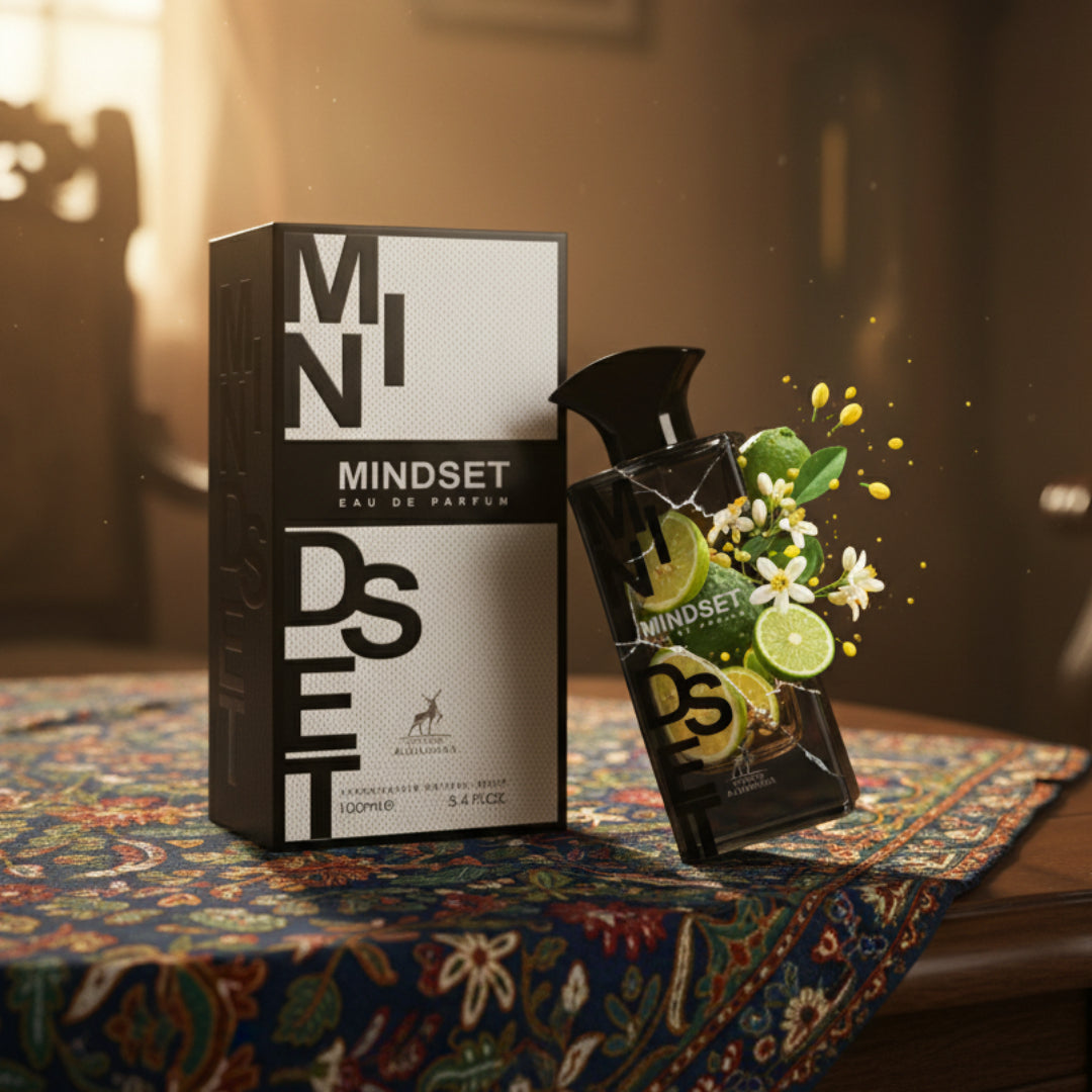 MINDSET perfume bottle and packaging on a patterned surface