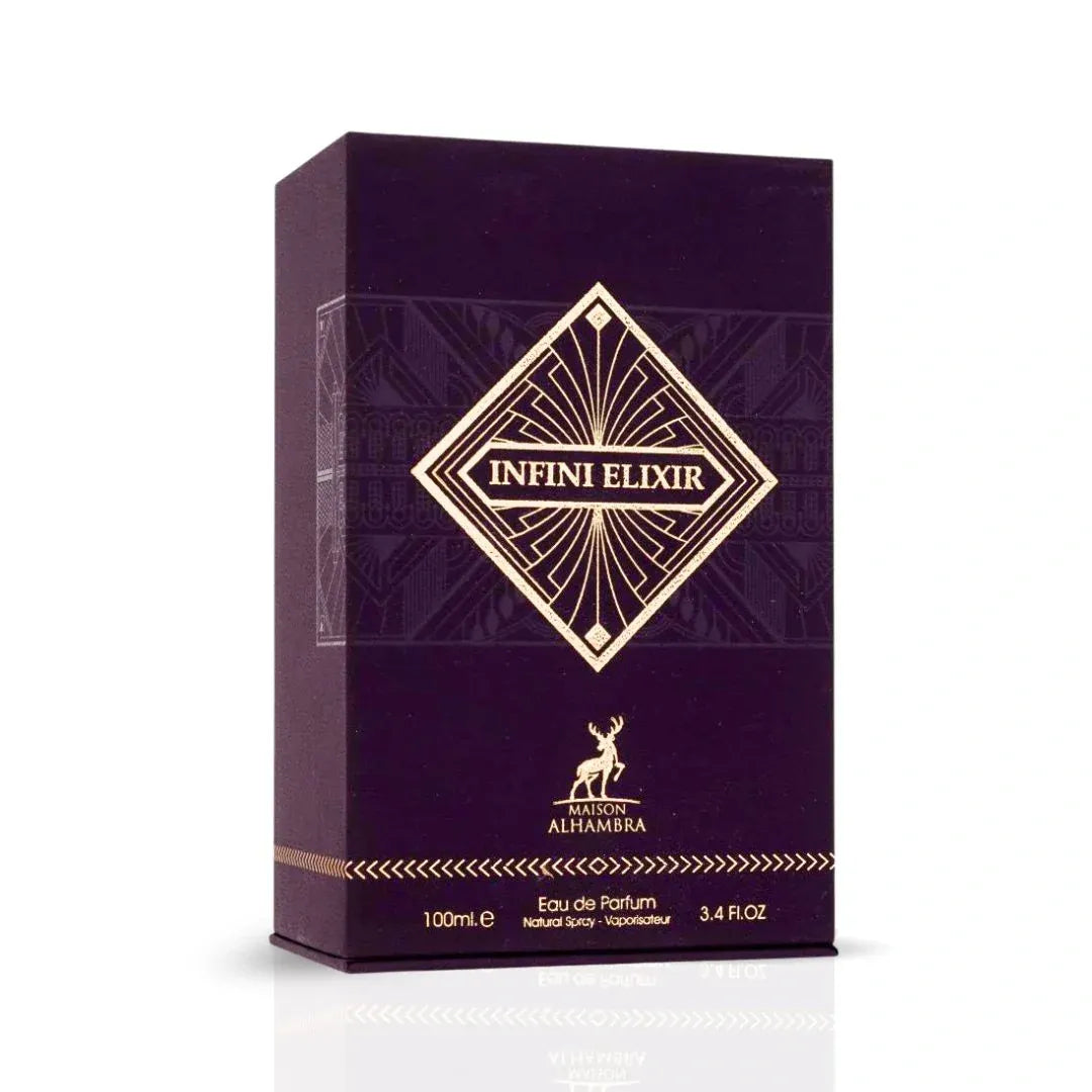 Infini Elixir perfume box with gold text and design on a white background