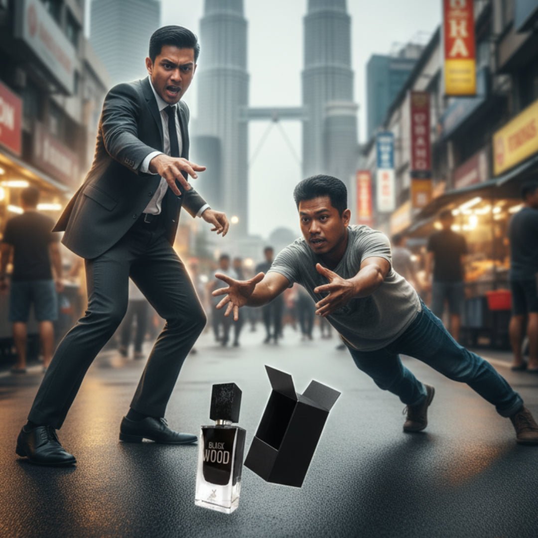 Perfume bottle labeled 'Black Wood' on a white background