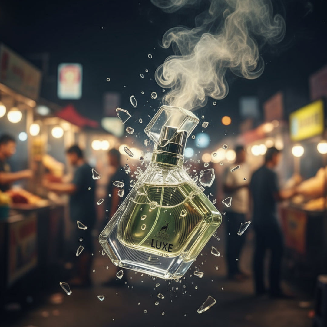 Green perfume bottle and packaging with 'LUXE' branding on a white background