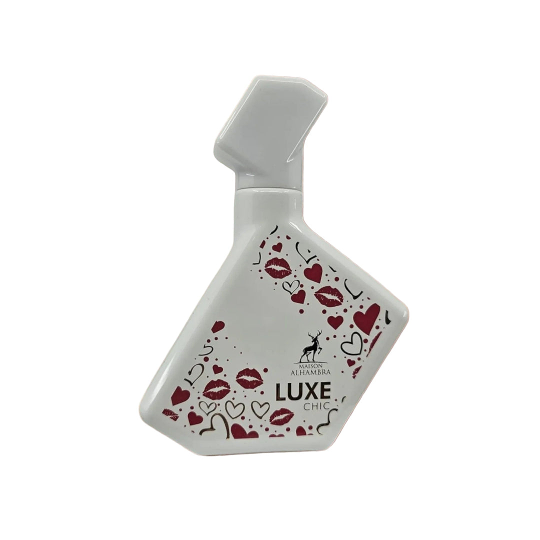 White bottle with red lip and heart designs and 'Luxe Chic' text on a white background