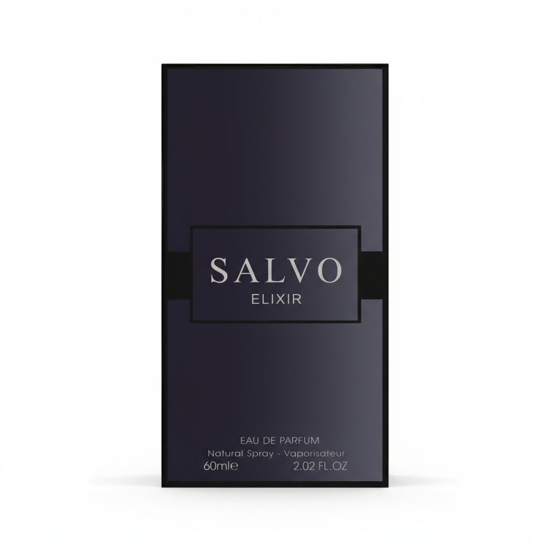 Black perfume bottle labeled 'Salvo Elixir' on a white background