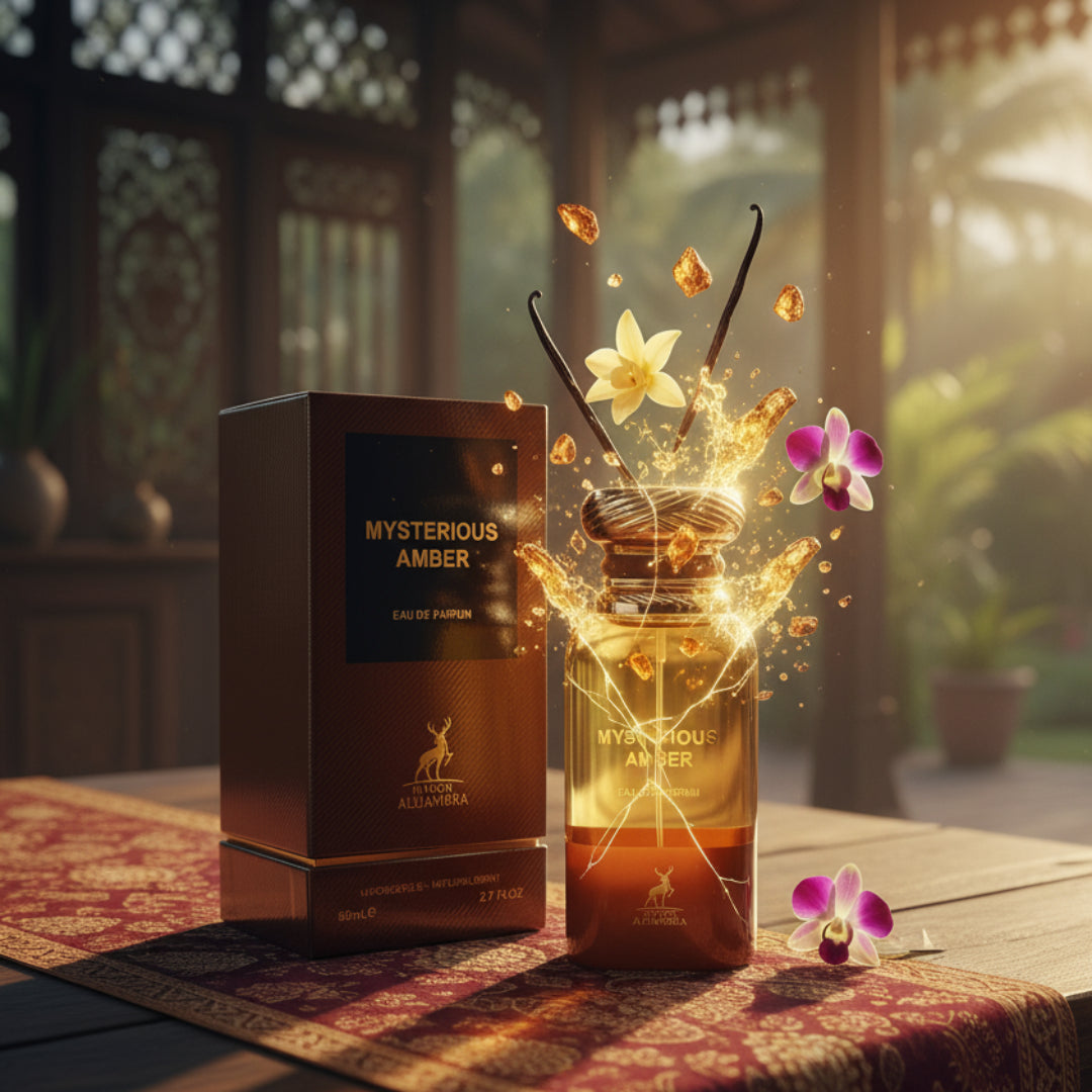 Mysterious Amber perfume bottle and packaging on a white background