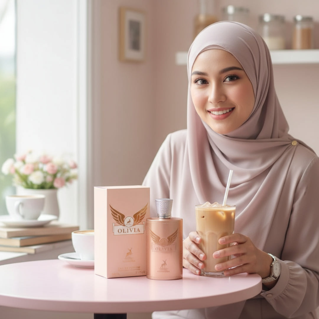 Olivia by Maison Alhambra perfume bottle pastel café Malay woman women scent Malaysia
