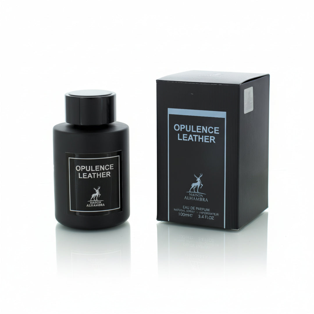 Box dan botol Opulence Leather Alhambra fragrance lelaki warm spicy vibe exclusive Malaysia