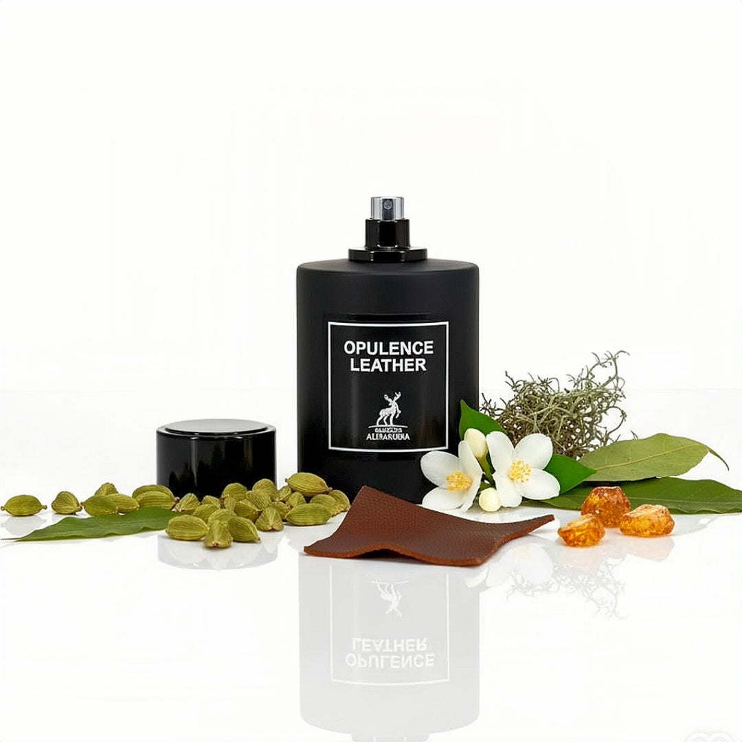 Opulence Leather minyak wangi lelaki aroma smoky leather bottle with decorative elements on a white background