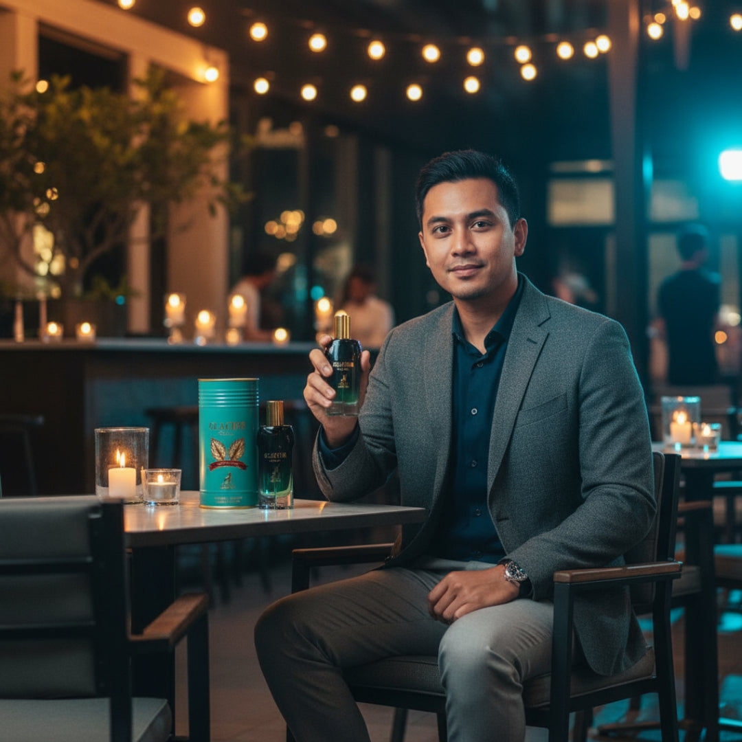 Malay man at outdoor KL café at night holding Glacier Bold, warm café light mixed with icy blue tones, classy lifestyle mix