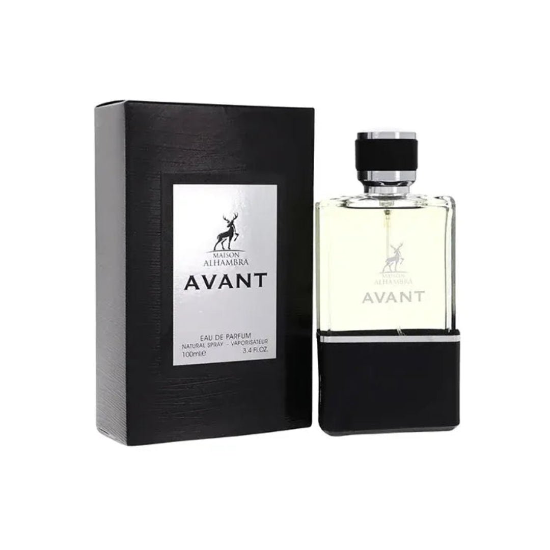 Perfume bottle and packaging with 'AVANT' branding on a white background