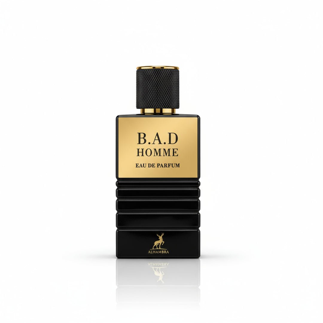 Black and gold B.A.D Homme Eau de Parfum bottle on a white background