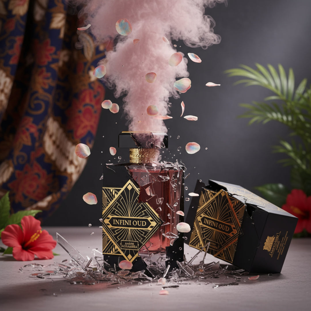 Black and gold perfume bottle labeled 'Infini Oud' on a light gray background